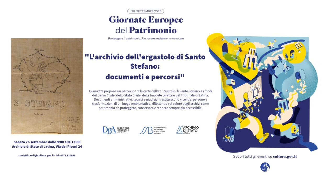 Patrimonio 2026, sabato apre l’Archivio di Stato di Latina